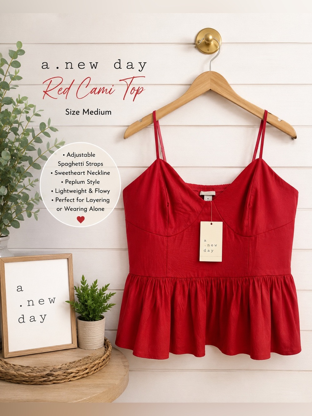 ♥️NWT A New Day Red Sweetheart Peplum Cami Top Size Medium